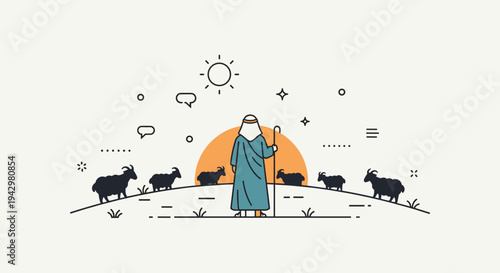 A shepherd tending to his flock of sheep against a minimalist sunset backdrop, featuring a modern line art style