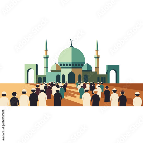 Community Prayer at Mosque: A congregation of individuals gathers at a grand mosque, readying for prayer, under the open sky, embodying the essence of faith and unity.