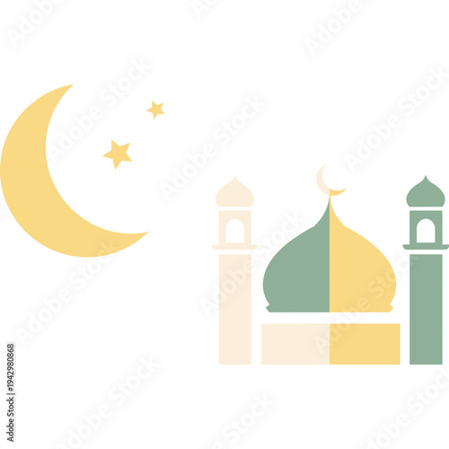 Serene Mosque Under the Night Sky: A peaceful mosque, adorned with a crescent moon and stars, creating a spiritual atmosphere under the night sky.