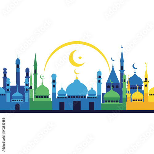 Mosque Silhouette: An artistic representation of a cityscape featuring mosques, capturing the essence of Islamic architecture with a crescent moon and star motif. 