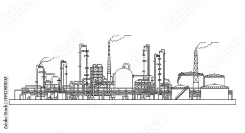 Industrial Factory Complex with Smokestacks.