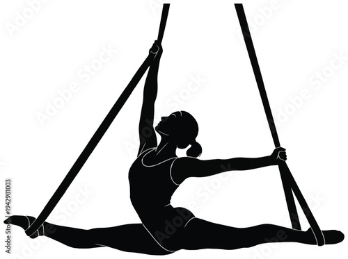 Aerial silk acrobat performing a full split suspension silhouette showing flexibility and strength.