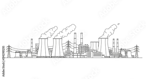 Industrial Factory Complex with Smokestacks.