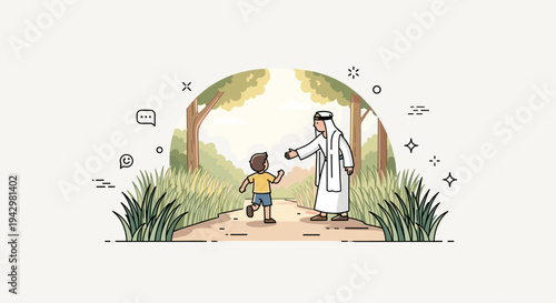 A joyful scene depicting a child interacting with an adult in a lush, green environment, illustrated in a modern, flat style