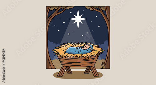 A serene nativity scene featuring a baby in a manger under a bright star, illustrated in a modern flat style