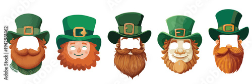 Festive Saint Patricks Day leprechaun mask set featuring green top hats and red beards for Irish holiday celebrations, isolated on black background
