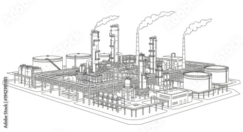 Industrial Factory Complex with Smokestacks.