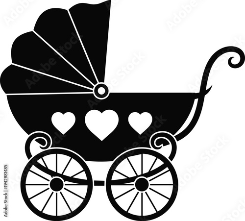 Baby stroller silhouette with heart decoration classic pram carriage newborn transport black white vector illustration icon design