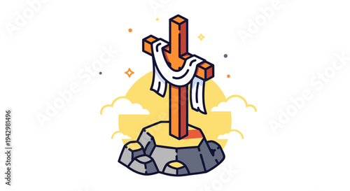 A stylized cross with a flowing cloth, featuring a modern and minimalist design, conveying themes of faith and spirituality