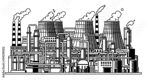 Industrial Factory Complex with Smokestacks.