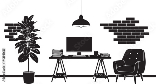 A black and white image of a home office setup isolated on transparent background, Vector