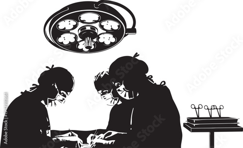 Surgeons in scrubs operating on a patient isolated on transparent background, Vector