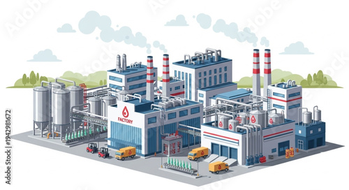 Industrial Factory Complex with Smokestacks.