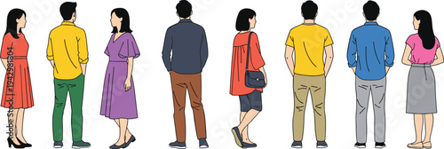 Flat vector illustration of diverse people standing in colorful casual clothing, group of faceless men and women from back view, isolated