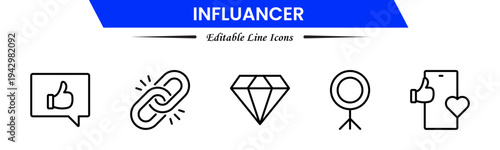 Influencer icons depicting social media creators, followers, engagement, branding, promotion, livestreams, content creation, audience growth, networking, trends, visibility, marketing, and online infl