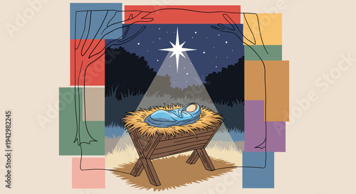 A serene nativity scene featuring a baby in a manger, illustrated in a modern geometric style with vibrant colors
