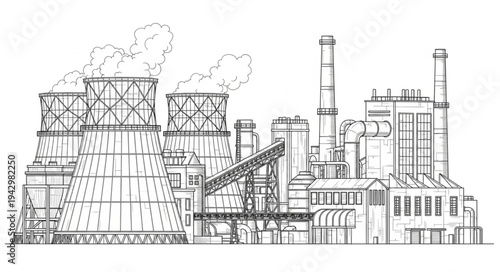 Industrial Factory Complex with Smokestacks.