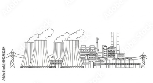 Industrial Factory Complex with Smokestacks.