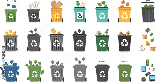 Recycling Trash Bin Collection with Waste Sorting Categories Including Plastic Paper Metal Organic Garbage and Electronic Waste for Environmental Sustainability Vector Set