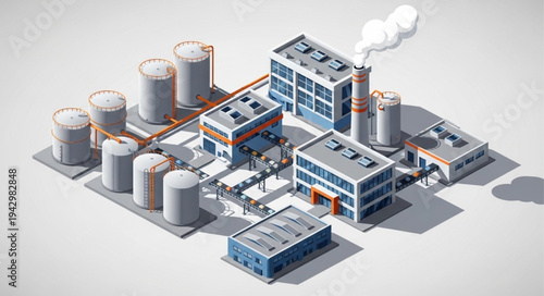 Industrial Factory Complex with Storage Tanks.
