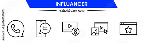 Influencer icons depicting social media creators, followers, engagement, branding, promotion, livestreams, content creation, audience growth, networking, trends, visibility, marketing, and online infl