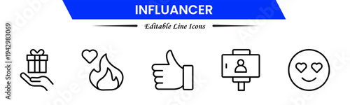 Influencer icons depicting social media creators, followers, engagement, branding, promotion, livestreams, content creation, audience growth, networking, trends, visibility, marketing, and online infl