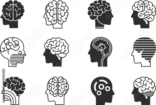 Collection of 12 unique black and white brain illustrations