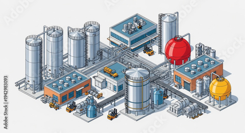 Industrial Factory Complex with Storage Tanks.