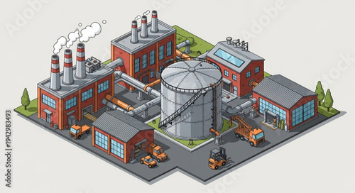 Industrial Factory Complex with Storage Tanks.