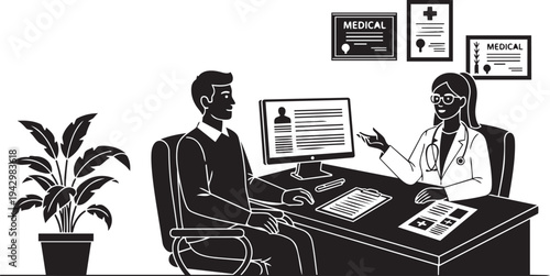 A doctor and patient in a consultation room isolated on transparent background, Vector