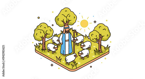 A shepherd caring for sheep in a vibrant, cartoonish style with trees and sun, ideal for children's illustrations