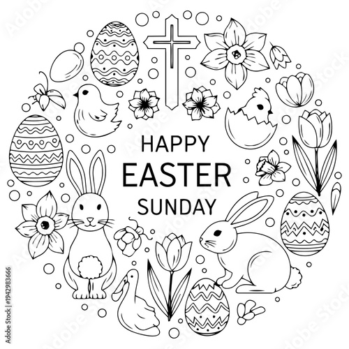 Happy Easter Sunday Coloring Page Outline