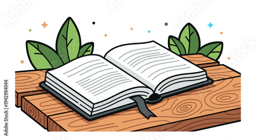An open book resting on a wooden surface surrounded by green leaves, illustrated in a modern, colorful style
