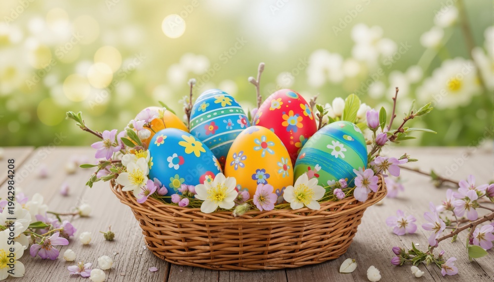 Fototapeta premium Happy Easter day colorful eggs in basket with flowers 