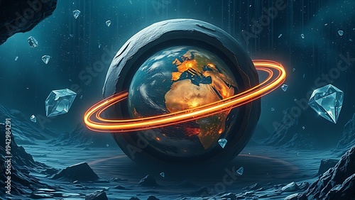 Prehistoric Earth wrapped in luminous rings with diamond shards raining onto cratered terrain.