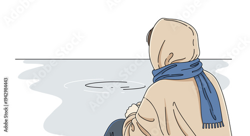 A serene illustration of a person in a scarf by a calm water surface, featuring a minimalist style