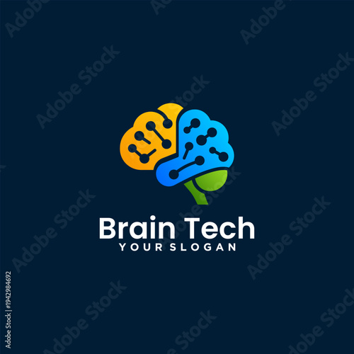 Futuristic brain circuit logo design representing AI technology, data network, digital innovation, and smart startup business concept.