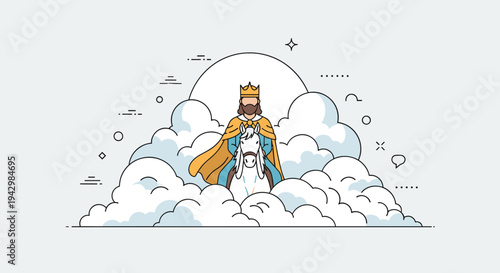 A whimsical illustration of a king on a horse surrounded by clouds, featuring a flat design style, ideal for fantasy themes