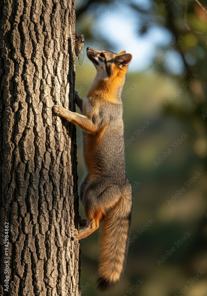 Obraz premium Small carnivorous mammal stands vertically on tree bark intently observing an insect clinging nearby