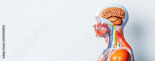 Anatomical Head and Neck Model Detailed Brain, Muscle and Nerve Structures on White Background, 3D Render, Conceptual Medical Illustration, Science, Anatomy, Brain