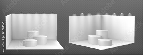 3D booth mockup with clean white walls, empty space and cylindrical podiums, Vector set isolated on tarnsparent background. Exhibition room box, product displays with realistic corner perspective