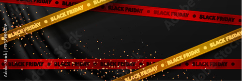 Sale banner with flowing black silk background, red Black Friday tape and golden ribbon, realistic vector illustration. Luxury 3D wavy fabric, gold confetti backdrop for November discount offers