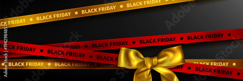 Sale banner with flowing black silk background, red Black Friday tape and golden ribbon with bow, realistic vector illustration. Luxury 3D fabric backdrop for November discount offers