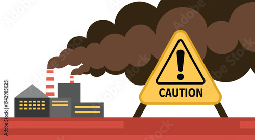 Factory pollution sign, industrial smog with caution sign vector illustration, environmental hazard and air pollution warning symbol