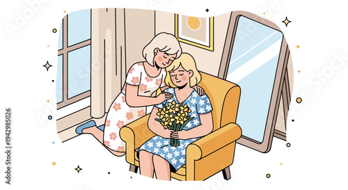 A heartwarming illustration of a woman gifting flowers to a seated friend, in a modern, colorful style