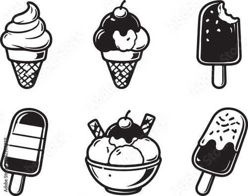 Black and White Ice Cream and Popsicle Illustrations Set