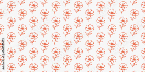 Orange Outline Flowers Pattern on White Background floral