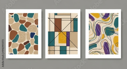 A set of three abstract art pieces with geometric shapes and colors.