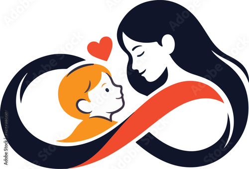 Mother and Baby Love Infinity Symbol Illustration Parenting Care, Maternal Bond and Family Protection Concept Design