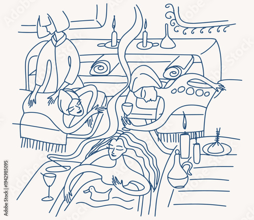 Hand drawn illustration in doodle style where girls celebrate a bachelorette party in a spa salon with massage, bath, incense and relaxing treatments